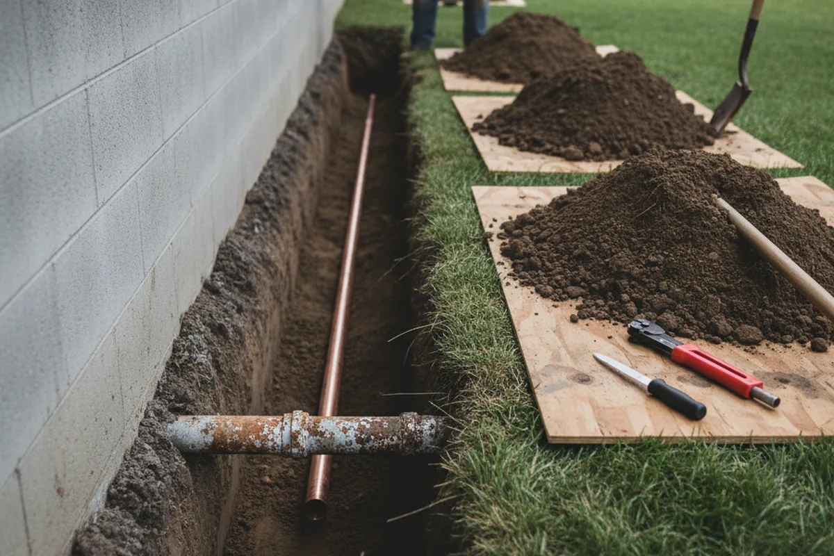 Excavated water line trench during Water Heater Repair in Grand Isle